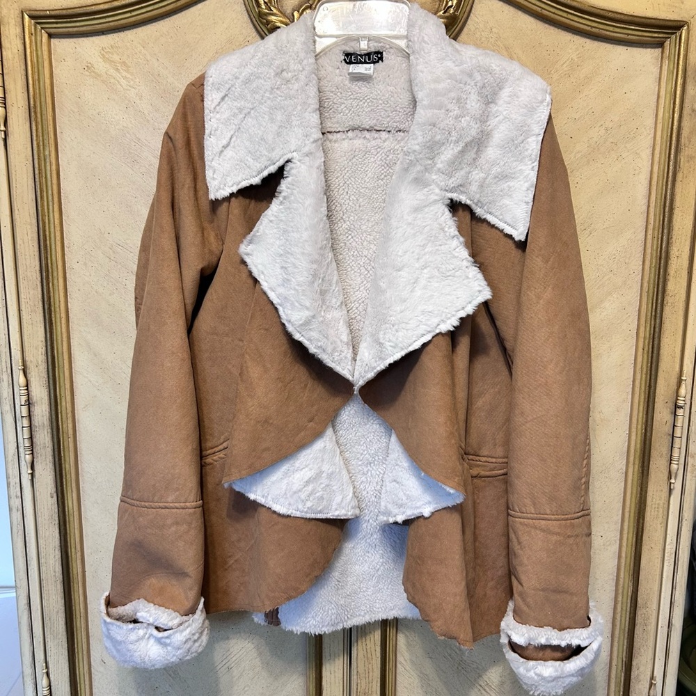 Venus Tan & White Faux Suede Fur Waterfall Draped Front Jacket